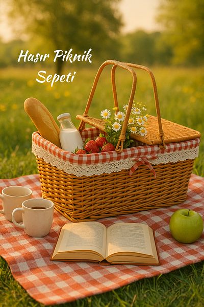 welcomein Wicker Picnic Basket with Lid – Lace, Red Checkered Fabric, Stylish and Natural Design 39 cm