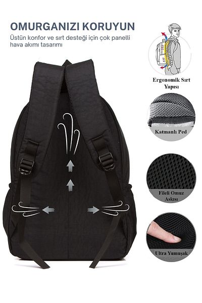 Av A Dos UniSex Black Backpack - Water ReSiStant, Crinkle Fabric, Large Size School and Travel Bag