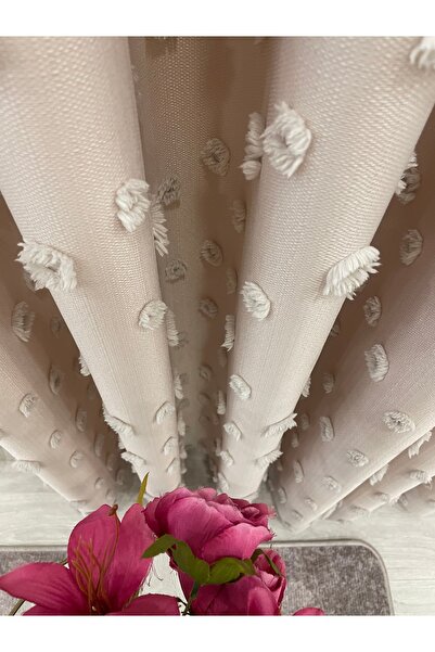 Brillant Beige Color Pompom Pufy Background Curtain 1/3 Sik Pleat