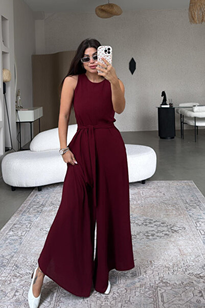 Paw Garage Kadın Deta Bordo Kuşaklı Cepli Ayrobin Kumaş Tulum