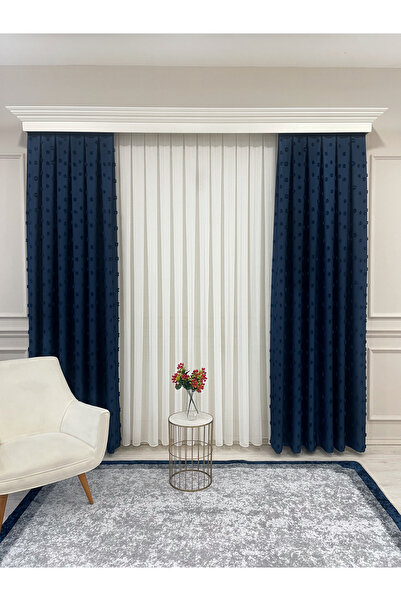 Brillant Navy Blue Color Pompom Pufy Background Curtain 1/3 Sik Pleat
