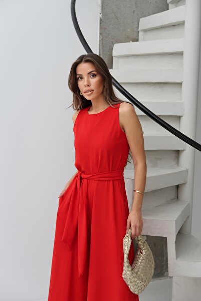 Paw Garage Women's Deta Red Belted Pocket Ayrobin Fabric Jumpsuit