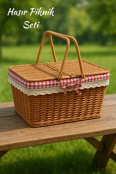 welcomein Wicker Picnic Basket with Lid – Lace, Red Checkered Fabric, Stylish and Natural Design 39 cm