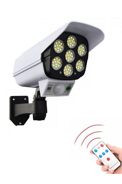 MACON 3 Modes Motion Sensor Solar Simulation Camera Wall Lamp Remote Control Outdoor Wall Light - White an