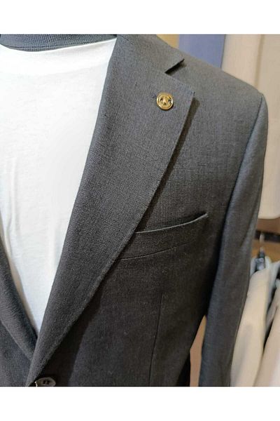 Ted Davıd Black Mono Collar Raw Linen Jacket