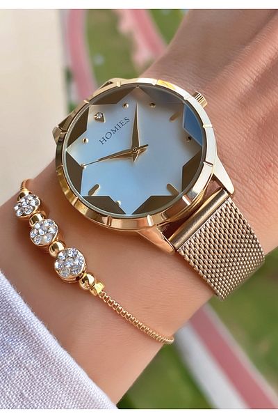 Homies Brand Gold Color Waterproof Women's Wristwatch - With Bracelet Gift