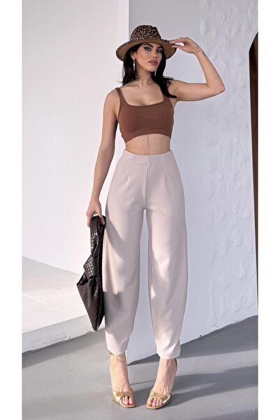 Paw Garage Kadın Bernis Bej Balon Pantolon, Beli Lastikli Şalvar Model Krep Balon Pantolon Basen Gizleyen