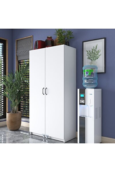 Rani Mobilya Rani JE103 Çok Amaçlı Dolap Tekerlekli İki Kapaklı Kiler Erzak Mutfak Dolabı Beyaz