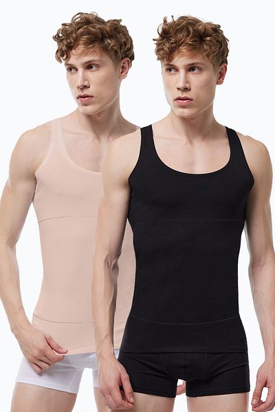 Malabadi Men's Black Skin Color 2 Pack Belly Tightening Firming Non-Marking Modal Corset Undershirt 2m042