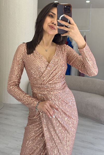 zks grup tekstil Women's Sequin Design Double Breasted Neckline Long Sleeve Plus Size Evening Dress Gown Powder