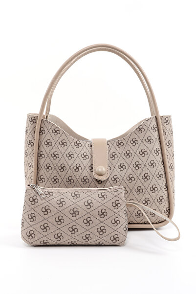 SHAKA Monogram Baskılı Vizon Shk79 Deri Düğme Detaylı Çıtçıtlı Makyaj Çantalı...