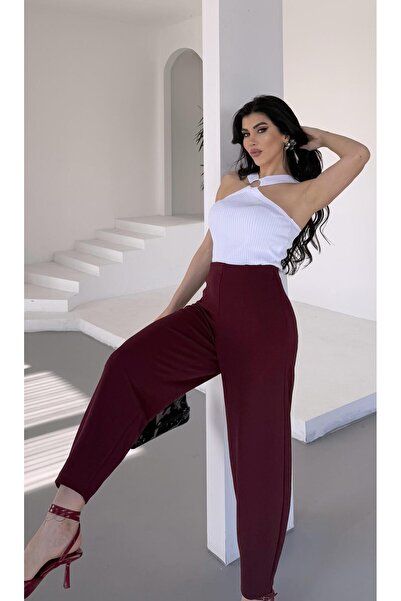 Paw Garage Kadın Bernis Bordo Balon Pantolon, Beli Lastikli Şalvar Model Krep Balon Pantolon Basen Gizleyen