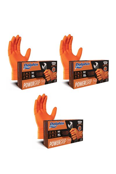 Dolphin Powergrıp Extra Thick Orange Nitrile Gloves (XL) 50 Pieces X 3 Packs