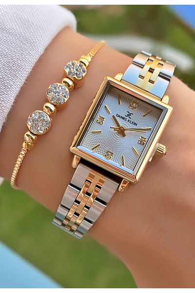 Daniel Klein Yellow Silver Colored Women's Wristwatch and Bracelet Gift