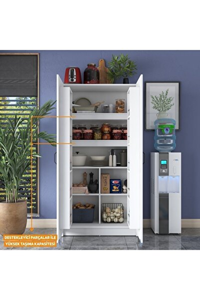 Rani Mobilya Rani JE103 Çok Amaçlı Dolap Tekerlekli İki Kapaklı Kiler Erzak Mutfak Dolabı Beyaz
