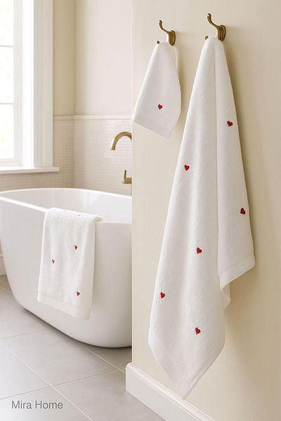 Mira Home 3 Piece Heart Embroidered Bath Towel Set 100% Cotton Lovely Set