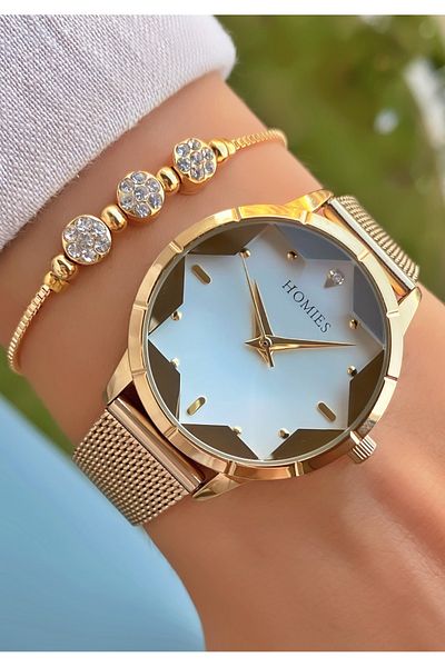 Homies Brand Gold Color Waterproof Women's Wristwatch - With Bracelet Gift