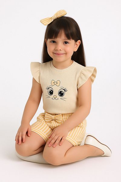 ESİLA KİDS Girl's Bow Shorts Suit Summer Cotton Cute Printed 2-Piece Suit2-5 Years