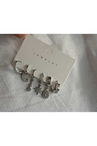 demirosa Set of 6 Silver Color Stone Minimal Hoop Earrings