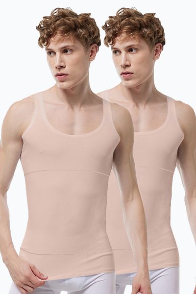 Malabadi Men's Skin Color 2 Pack Belly Tightening Firming Non-Marking Modal Invisible Corset Undershirt 2m042