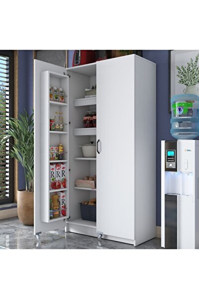 Rani Mobilya Rani JE103 Çok Amaçlı Dolap Tekerlekli İki Kapaklı Kiler Erzak Mutfak Dolabı Beyaz