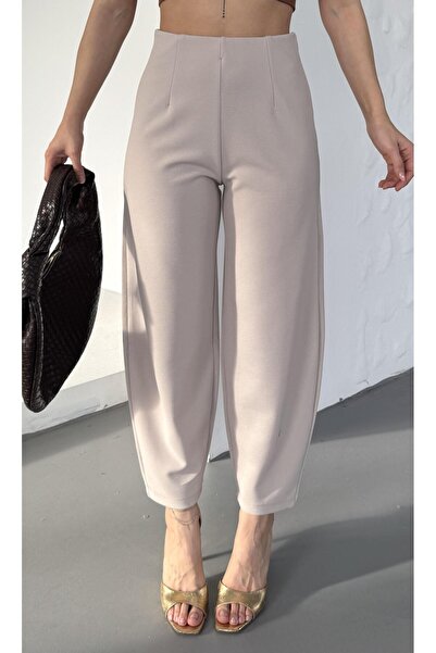 Paw Garage Kadın Bernis Bej Balon Pantolon, Beli Lastikli Şalvar Model Krep Balon Pantolon Basen Gizleyen