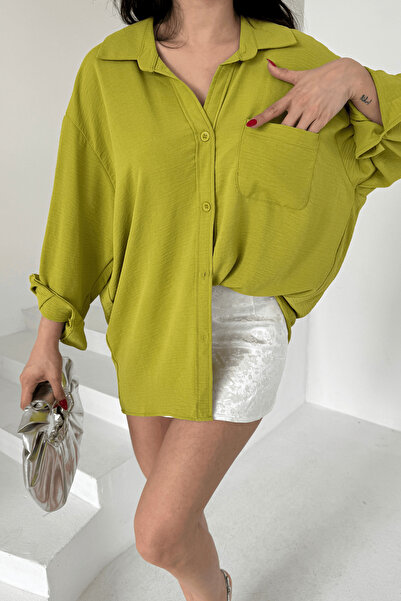 Paw Garage Γυναικείο πουκάμισο Perla Olive με μία τσέπη oversized , Πουκάμισο με φαρδιά εφαρμογή, πουκάμισο Ayrobin