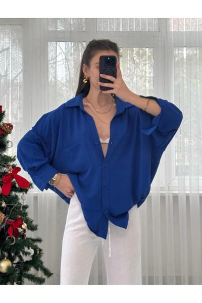 Paw Garage Γυναικείο πουκάμισο Perla μπλε κοβαλτίου με μία τσέπη oversized , Πουκάμισο με φαρδιά εφαρμογή, πουκάμισο Ayrobin