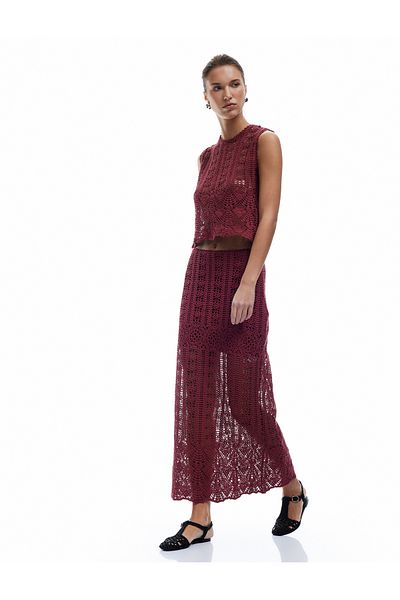Koton Cotton Slim Fit Openwork Midi Length Crochet Skirt