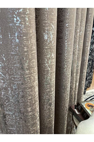 Brillant Jakar Zemin Varaklı Desen 1/3 Sık Pile Fon Perde - Vizon - Gümüş Var...