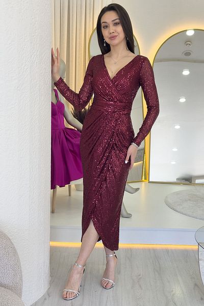 zks grup tekstil Women's Burgundy Sequin Design Double Breasted Collar Long Sleeve New Season Plus Size Evening Dress