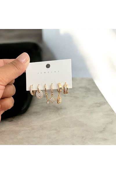 demirosa Set of 6 Gold Color Earrings with Stones and Mixed Figures