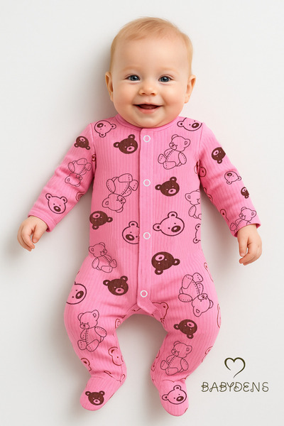 BABYDEN'S Pembe Ayıcık Desenli Patikli Bebek Tulum %100 Pamuklu Ribana Kumaş ...