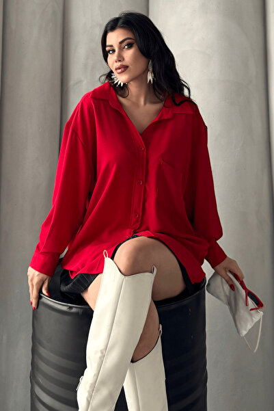 Paw Garage Kadın Perla Kırmızı Tek Cepli Oversize Gömlek, Geniş Kalıp Gömlek, Aerobin Gömlek