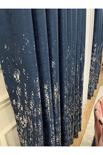 Brillant Jakar Zemin Varaklı Desen 1/3 Sık Pile Fon Perde - Lacivert - Gümüş ...