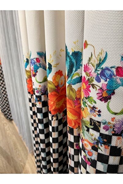 Brillant 1/3 Sık Pileli Damalı Çiçekli Fon Perde - Bej-siyah