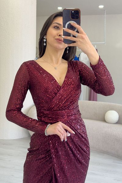 zks grup tekstil Women's Burgundy Sequin Design Double Breasted Collar Long Sleeve New Season Plus Size Evening Dress