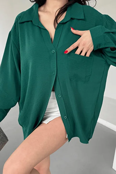 Paw Garage Women's Perla Emerald Single Pocket Oversize Shirt, Wide Fit Shirt, Aerobin Shirt