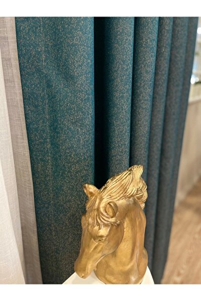 Brillant Keten Görünümlü Simli Düz Fon Perde 1/3 Sık Pile - Yeşil - Altın Simli