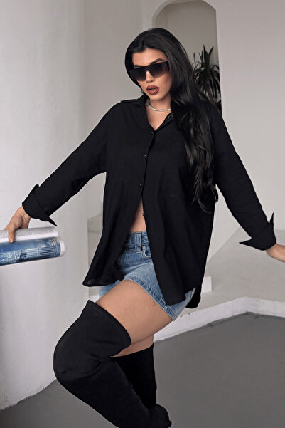 Paw Garage Γυναικείο πουκάμισο Marlot Black oversized Linen, Καλοκαιρινή Συλλογή 2025