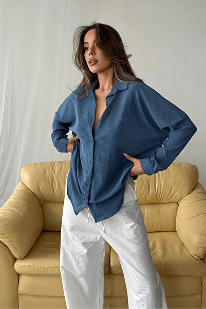 Paw Garage Γυναικείο καλοκαιρινό πουκάμισο Olivia Indigo oversized Bürümcük Fabric