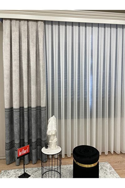 Brillant Keten Zemin Bordürlü Desen 1/2,50 Pile Fon Perde