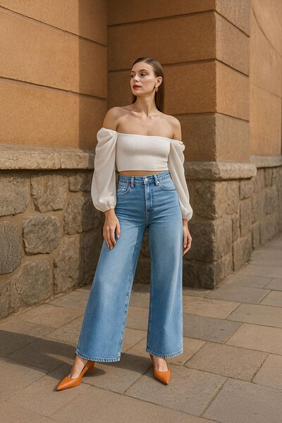 BANNY JEANS Pantaloni lungi de jeans albaștri cu picioare largi de damă