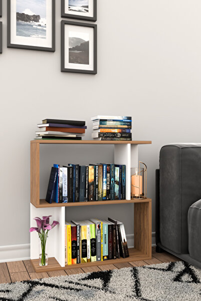 Remaks Belek 2 Raflı Asimetrik Kitaplık Çok Amaçlı Dekoratif Ofis Kitaplık Raf Beyaz-meşe