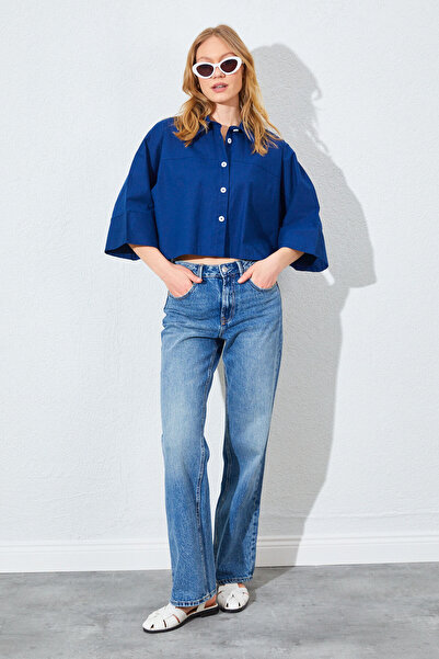 Manche Düşük Kol Çimalı Crop Poplin Gömlek - Lacivert | MKS161451-01