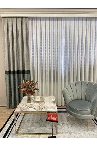 Brillant Keten Zemin Ekose Desen 1/2,50 Pile Fon Perde - Yeşil