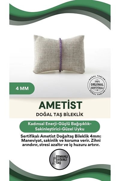 OSMANLI DEĞERLİ TAŞ Certified Amethyst Natural Stone Bracelet 4 Mm, B995