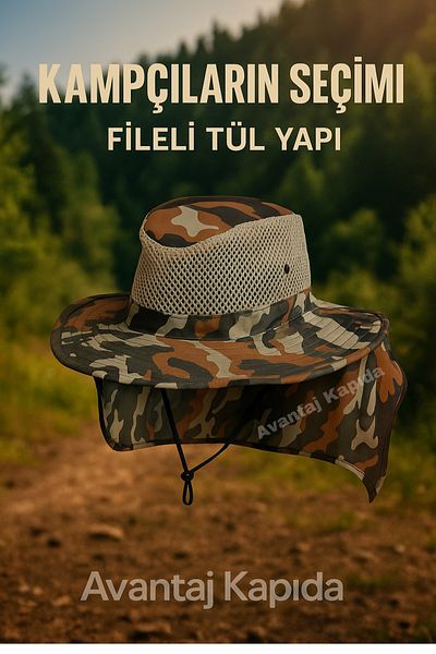 Avantaj Kapıda Унисекс шапка за открито с яка – мрежеста, от тънък тюл, готина, диаметър 50 см – пустинен тактически камуфлаж