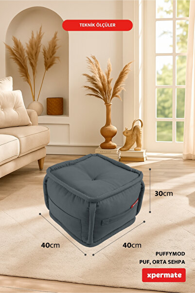 XPERMATE Dekoratif Kare Puf Orta Sehpa Ayak Uzatma Puf 40x40 Cm Gri Puffymod