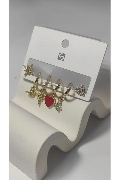 Bijutek Bijouterie Gold Stone - Pearl - Heart and Butterfly Patterned Dangle Multi Metal Women's Earrings Jewelry 2